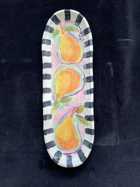 Handmade Ceramic Serving Tray Yellow Pears On Pink Original Design 15”x5.”